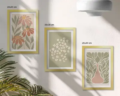 Set van ingelijste schilderijen met bloemmotieven in minimalistische boho-stijl