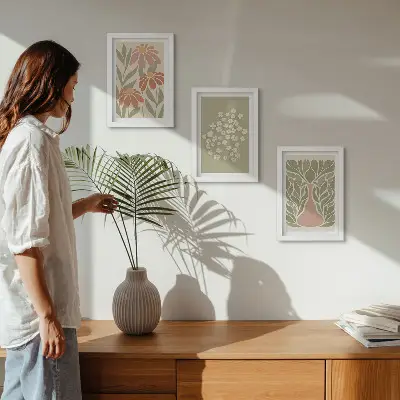 Set van ingelijste schilderijen met bloemmotieven in minimalistische boho-stijl
