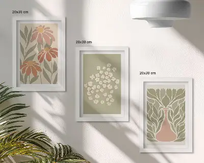 Set van ingelijste schilderijen met bloemmotieven in minimalistische boho-stijl