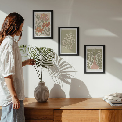 Set van ingelijste schilderijen Bloemmotieven, minimalistische patronen, boho-stijl