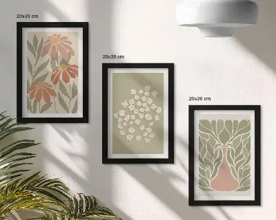 Set van ingelijste schilderijen met bloemmotieven in minimalistische boho-stijl
