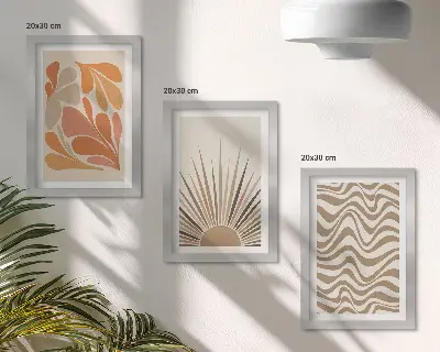 Gallery wall met abstracte boho vormen in pastelkleuren