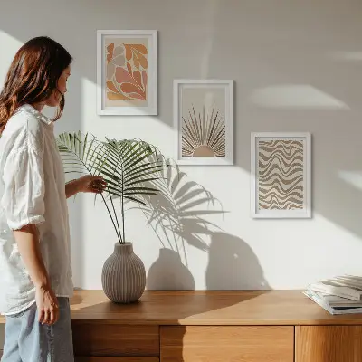 Gallery wall met abstracte boho vormen in pastelkleuren