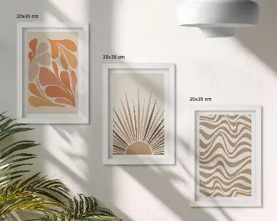 Gallery wall met abstracte boho vormen in pastelkleuren