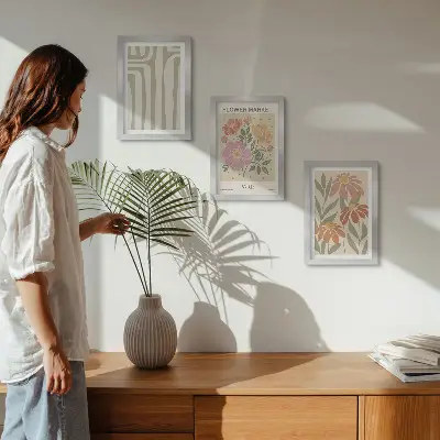 Set ingelijste schilderijen met botanische motieven in Parijse minimalistische stijl