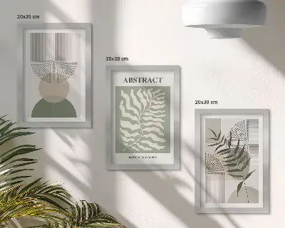 Gallery wall met botanische abstracte elementen in rustieke boho-stijl