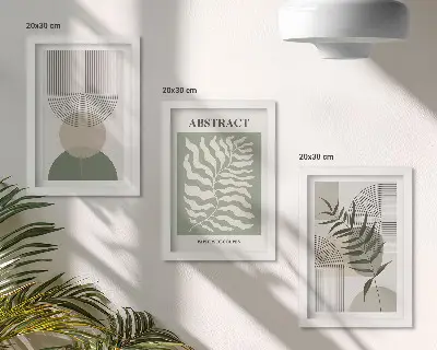 Gallery wall met botanische abstracte elementen in rustieke boho-stijl