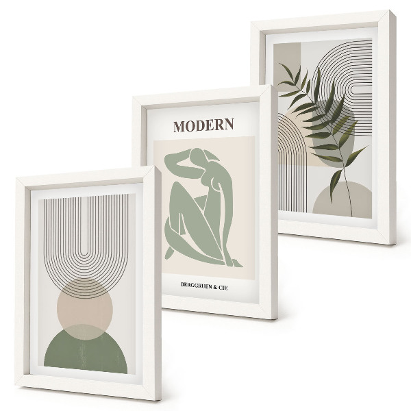 Gallery wall Stijlvolle afbeeldingen met abstracte vormen en planten.