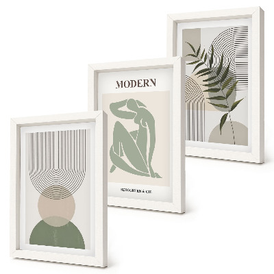 Gallery wall Stijlvolle afbeeldingen met abstracte vormen en planten.