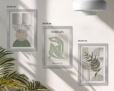 Gallery wall Stijlvolle afbeeldingen met abstracte vormen en planten.