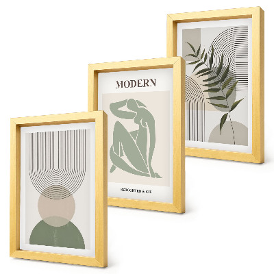 Gallery wall Stijlvolle afbeeldingen met abstracte vormen en planten.