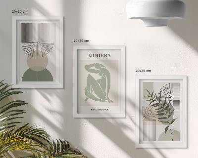 Gallery wall Stijlvolle afbeeldingen met abstracte vormen en planten.
