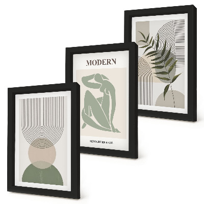 Gallery wall Stijlvolle afbeeldingen met abstracte vormen en planten.