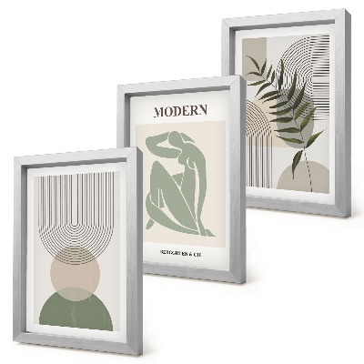 Gallery wall Stijlvolle afbeeldingen met abstracte vormen en planten.