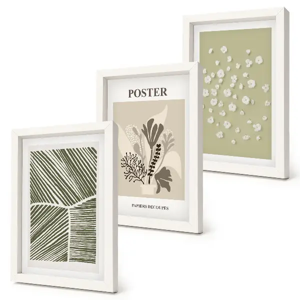 Set van ingelijste schilderijen met plantenmotieven in ingetogen kleuren en patronen