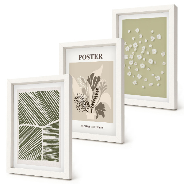 Set van ingelijste schilderijen Plantenmotieven in ingetogen kleuren en patronen.