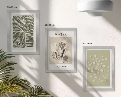 Set van ingelijste schilderijen met plantenmotieven in ingetogen kleuren en patronen