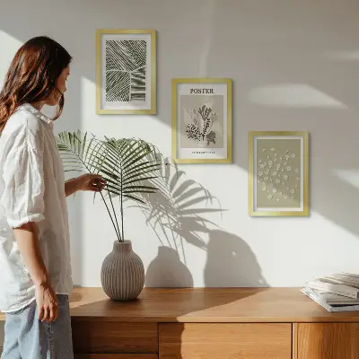 Set van ingelijste schilderijen met plantenmotieven in ingetogen kleuren en patronen