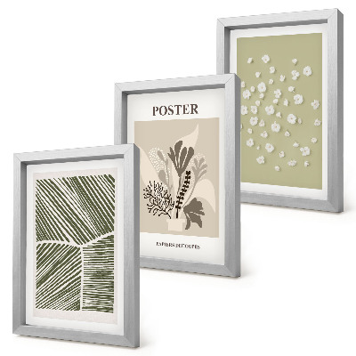 Set van ingelijste schilderijen Plantenmotieven in ingetogen kleuren en patronen.