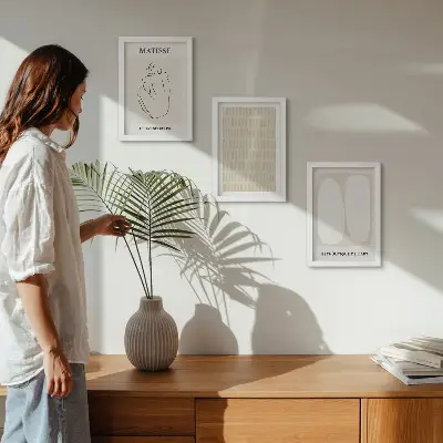 Gallery wall met lijnen en vormen in beige en witte tinten