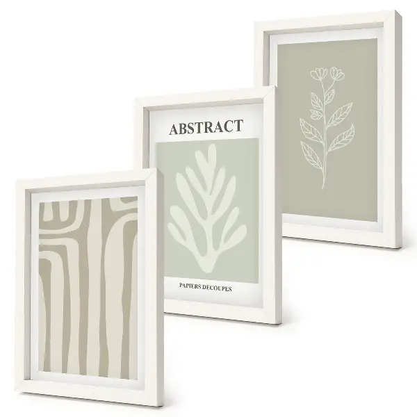Set van ingelijste schilderijen met abstracte plantmotieven in ingetogen kleuren