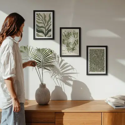 Gallery wall met botanische plantenpatronen in boho-stijl