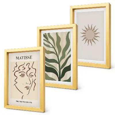 Set ingelijste schilderijen met abstracte plantpatronen en lijnen in gedempte kleuren