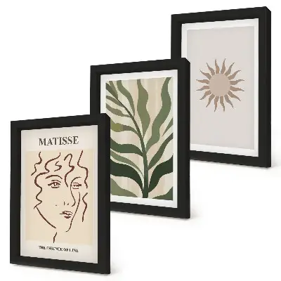 Set ingelijste schilderijen met abstracte plantpatronen en lijnen in gedempte kleuren