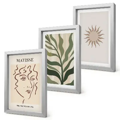 Set ingelijste schilderijen met abstracte plantpatronen en lijnen in gedempte kleuren