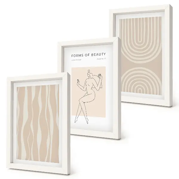 Set van ingelijste schilderijen met abstracte patronen en delicate boho-decoraties