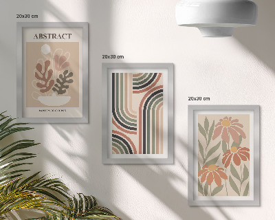 Gallery wall Abstracte planten en patronen in pastelkleuren.