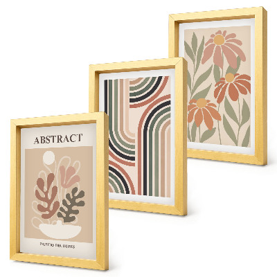 Gallery wall Abstracte planten en patronen in pastelkleuren.