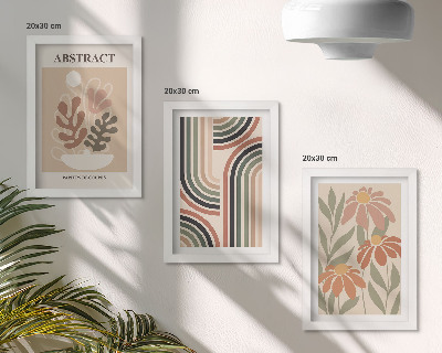 Gallery wall Abstracte planten en patronen in pastelkleuren.