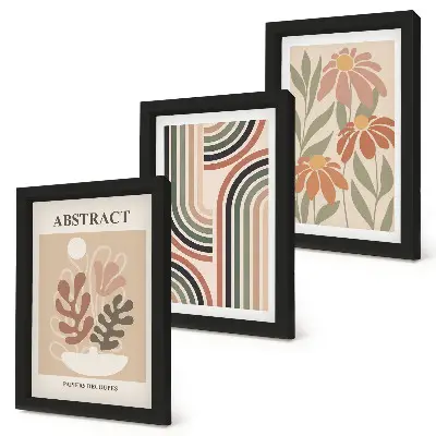 Gallery wall met abstracte planten en patronen in pastelkleuren