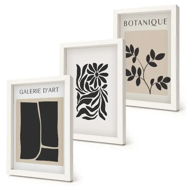 Set van ingelijste schilderijen met abstracte plantpatronen en geometrische vormen