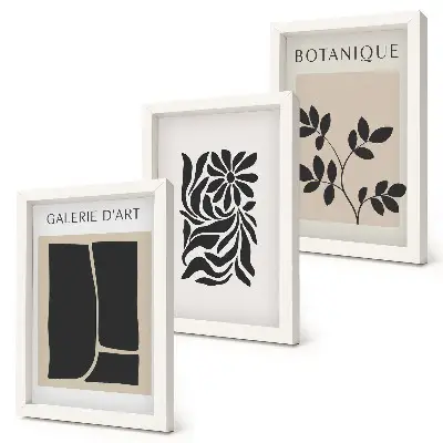 Set van ingelijste schilderijen met abstracte plantpatronen en geometrische vormen