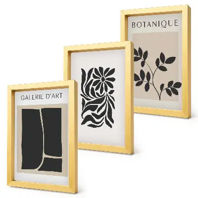 Set van ingelijste schilderijen met abstracte plantpatronen en geometrische vormen