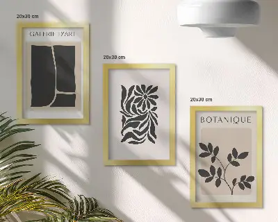 Set van ingelijste schilderijen met abstracte plantpatronen en geometrische vormen