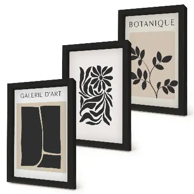 Set van ingelijste schilderijen met abstracte plantpatronen en geometrische vormen