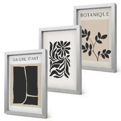 Set van ingelijste schilderijen met abstracte plantpatronen en geometrische vormen