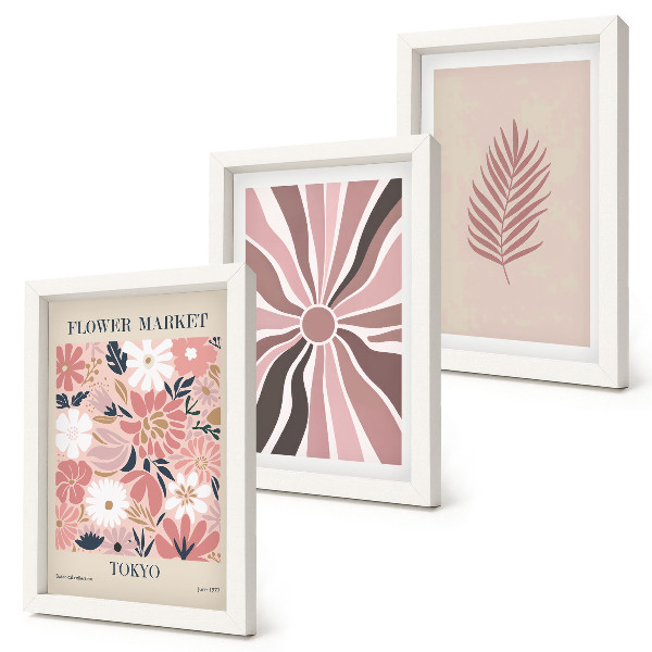 Gallery wall Bloemmotieven met bladeren en geometrische vormen.