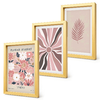 Gallery wall Bloemmotieven met bladeren en geometrische vormen.