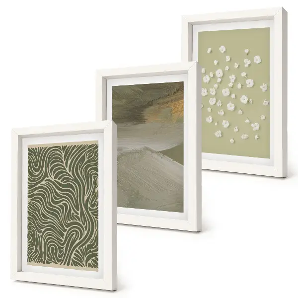Set van ingelijste schilderijen met golvende en abstracte patronen in boho-stijl