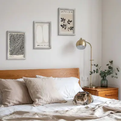 Gallerijmuur met bloemenpatronen en minimalistische lijnen in neutrale kleuren