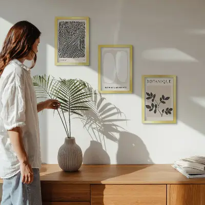 Gallerijmuur met bloemenpatronen en minimalistische lijnen in neutrale kleuren