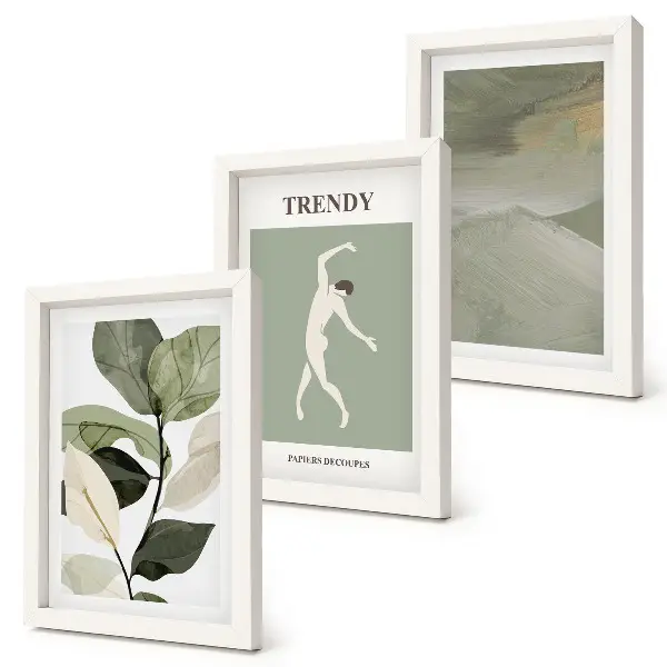 Set ingelijste schilderijen met plantenpatronen, silhouetten en abstracte vormen