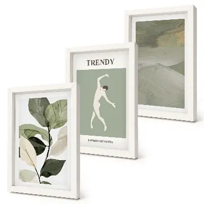Set ingelijste schilderijen met plantenpatronen, silhouetten en abstracte vormen