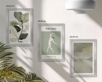 Set ingelijste schilderijen met plantenpatronen, silhouetten en abstracte vormen