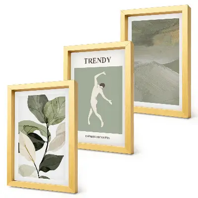 Set ingelijste schilderijen met plantenpatronen, silhouetten en abstracte vormen