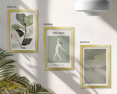 Set ingelijste schilderijen met plantenpatronen, silhouetten en abstracte vormen